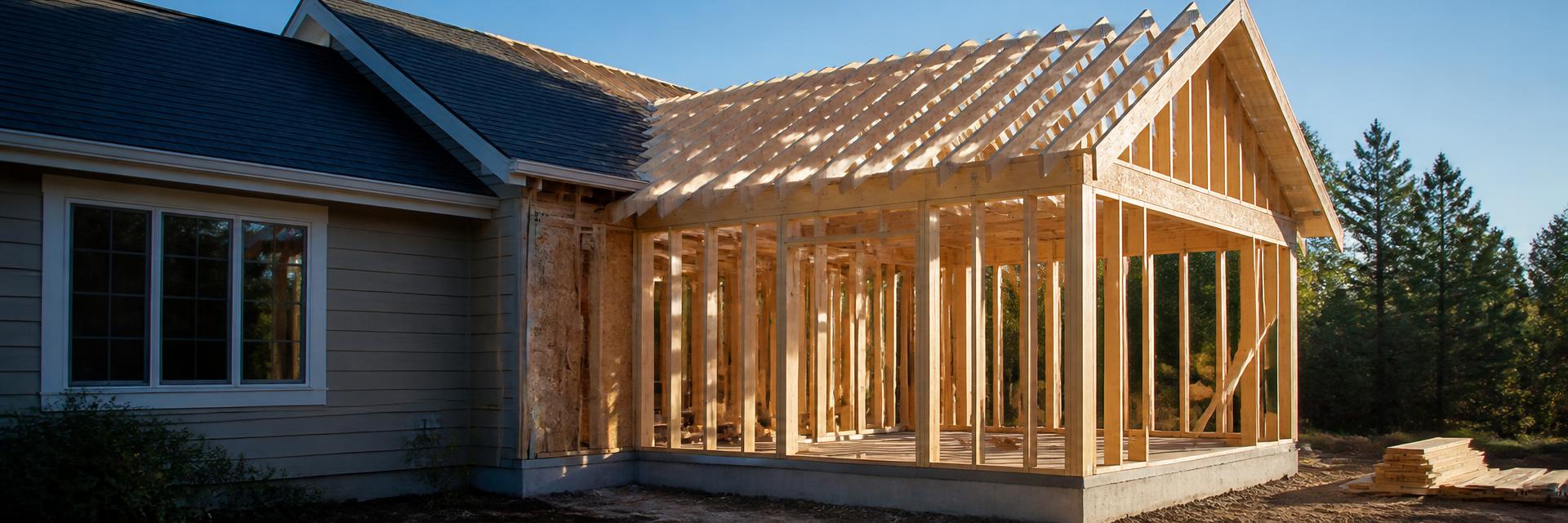 Home addition under construction with new timber wall framing and roof trusses joined to an existing house