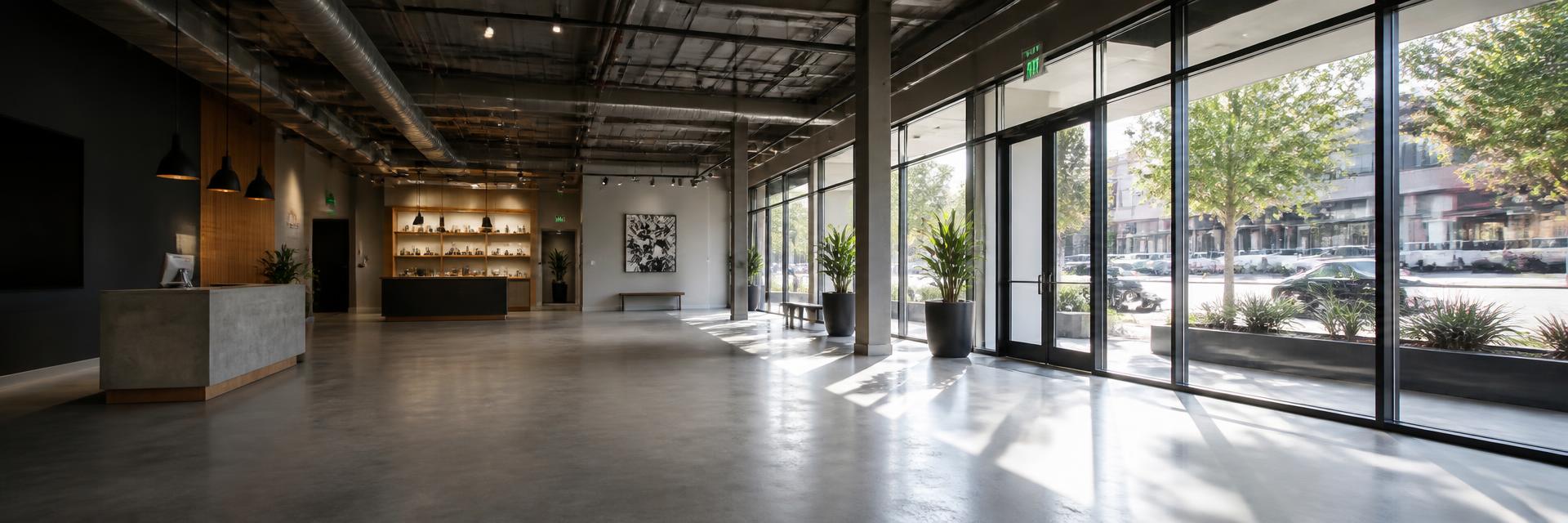 Commercial interior build-out with polished concrete floors, exposed ceiling and new storefront glazing