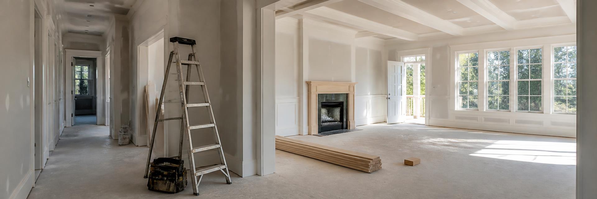 Whole-home renovation in progress with fresh drywall, trim, stacked lumber, ladder and contractor tool bag