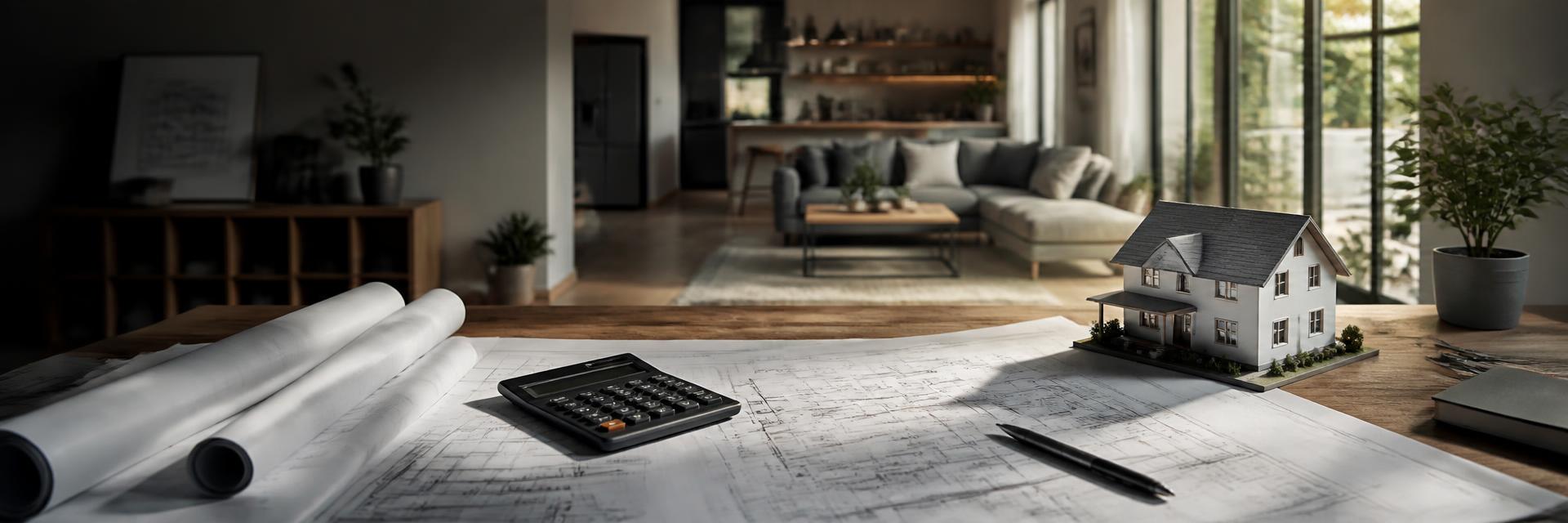 Home remodeling blueprints with a calculator, pen and model house on a wooden table in a bright living room