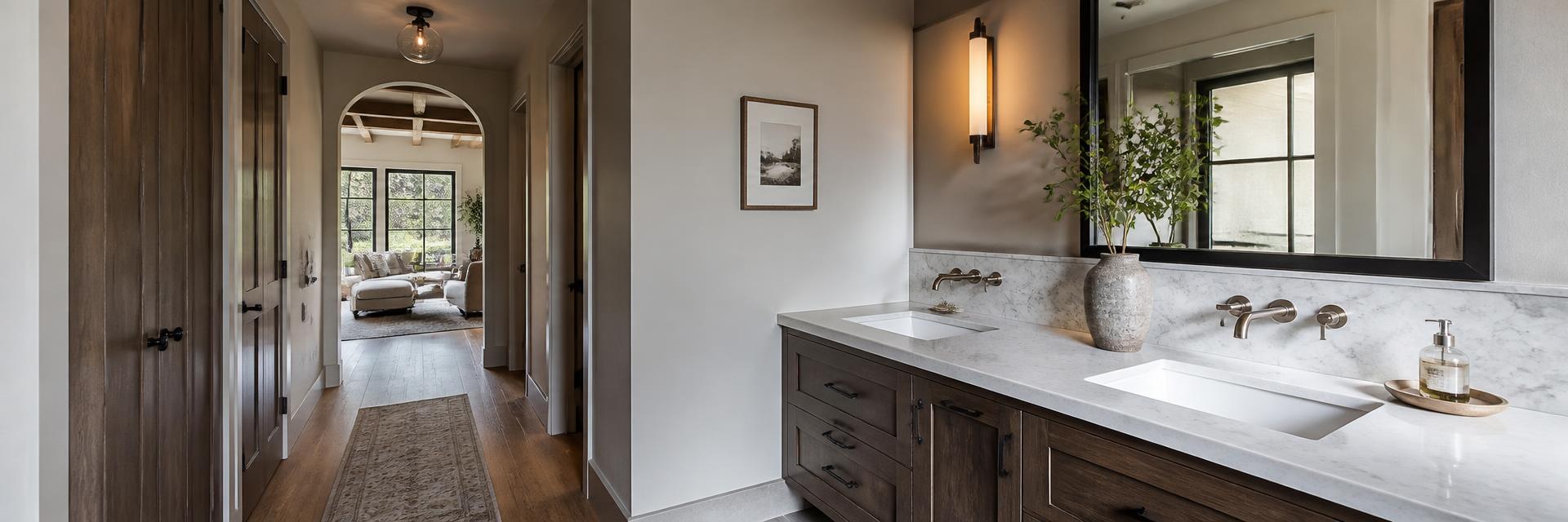 Finished home remodel with a marble double vanity and hallway opening into a bright living room
