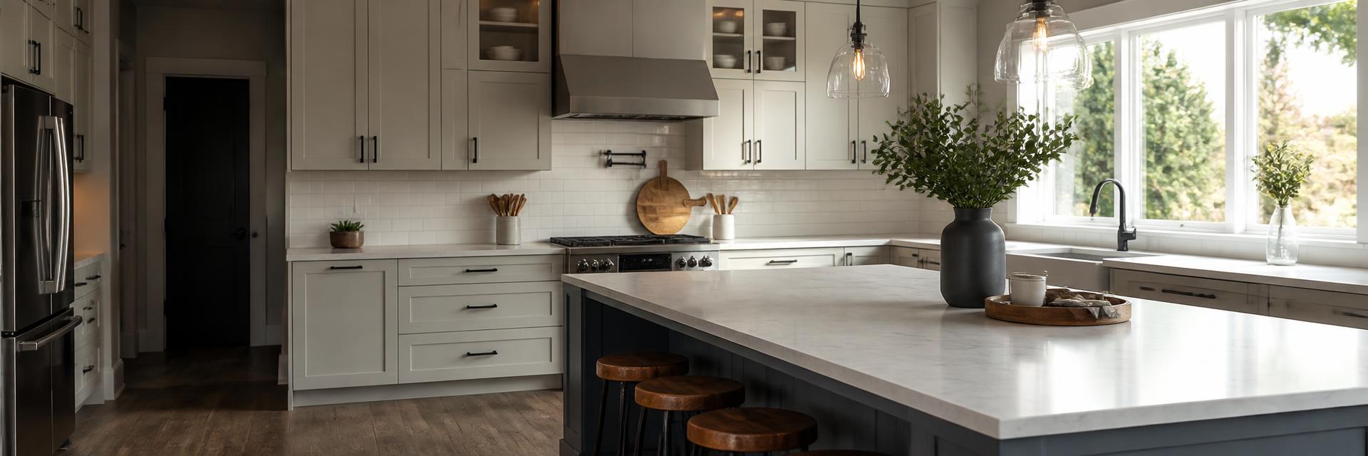 Remodeled kitchen with white shaker cabinets, navy island and quartz countertops in natural window light