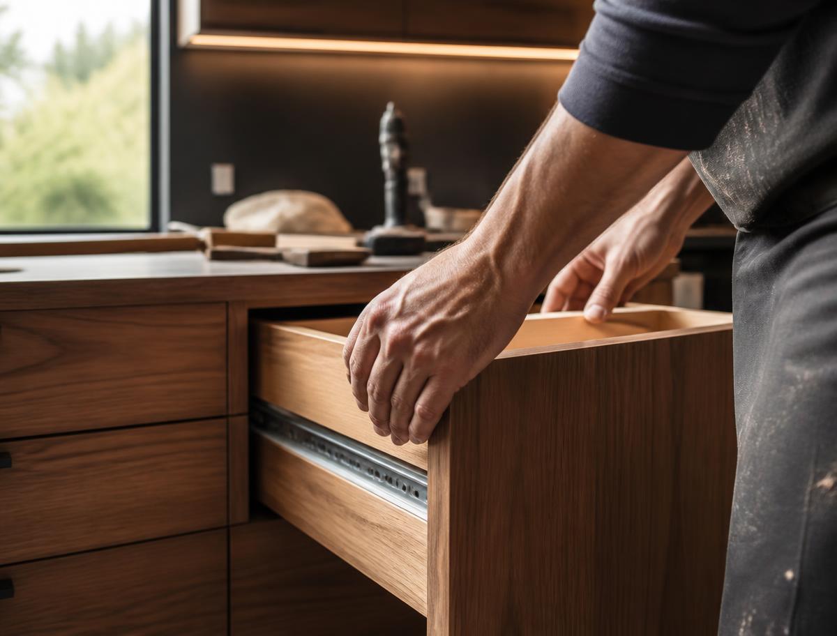 Craftsman installing custom kitchen cabinetry during a Houston remodel