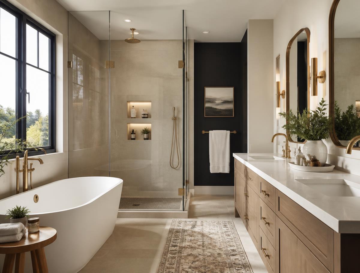 Finished modern bathroom remodel with glass shower and brass fixtures